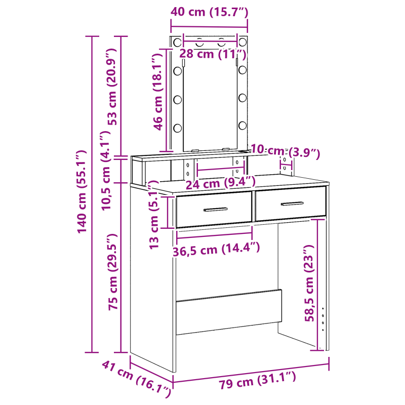 Schminktisch mit LED-Lichtern in Artisan Eiche 79x41x140 cm