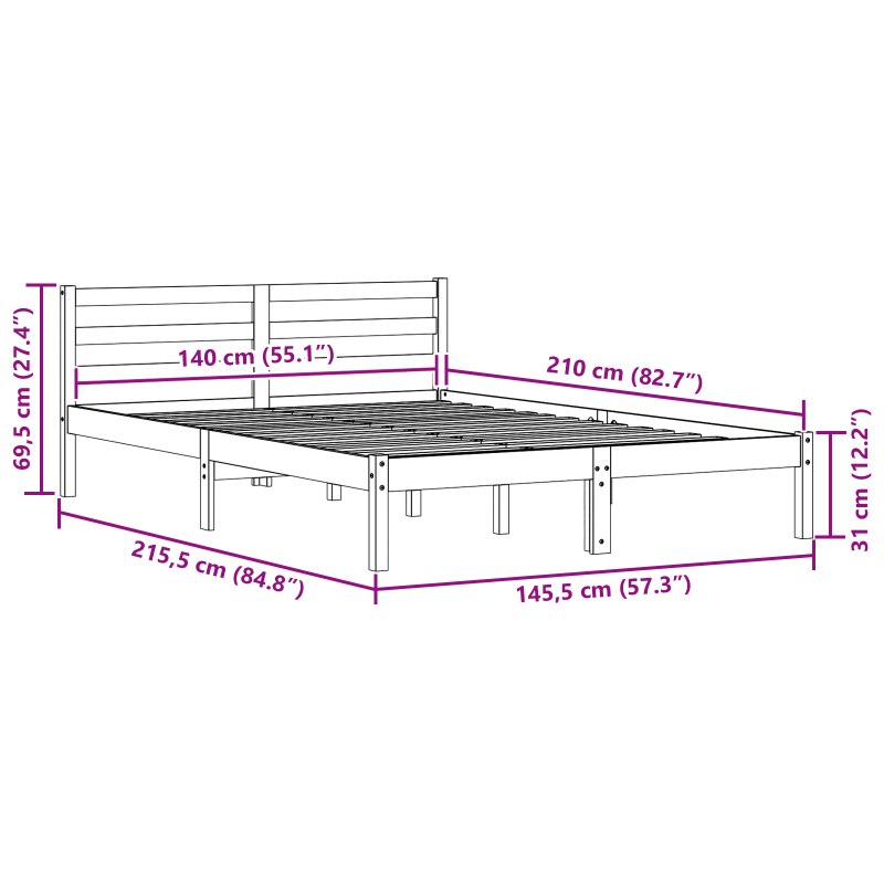 Bettgestell mit Kopfteil Weiß 140x210 cm Massivholz Kiefer