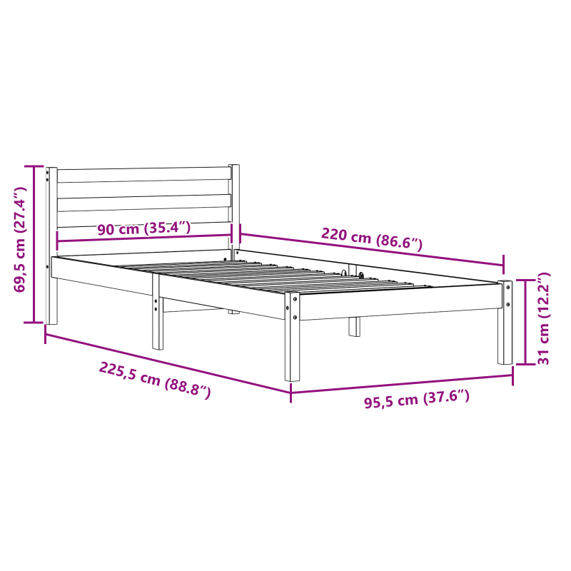 Bettgestell mit Kopfteil Weiß 90x220 cm Massivholz Kiefer