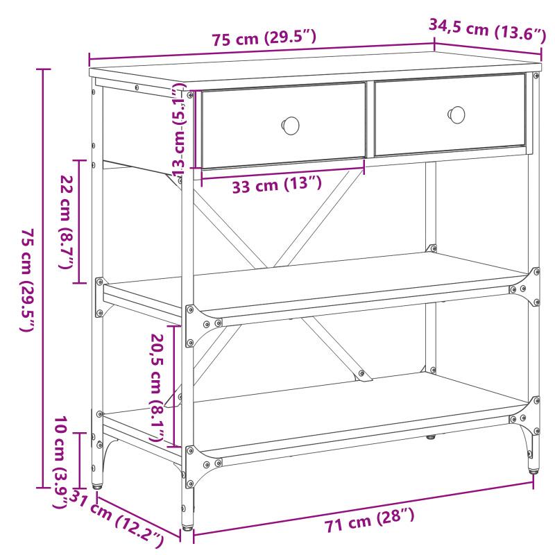 Konsolentisch Massivholz Eiche 75x34,5x75 cm Holzwerkstoff