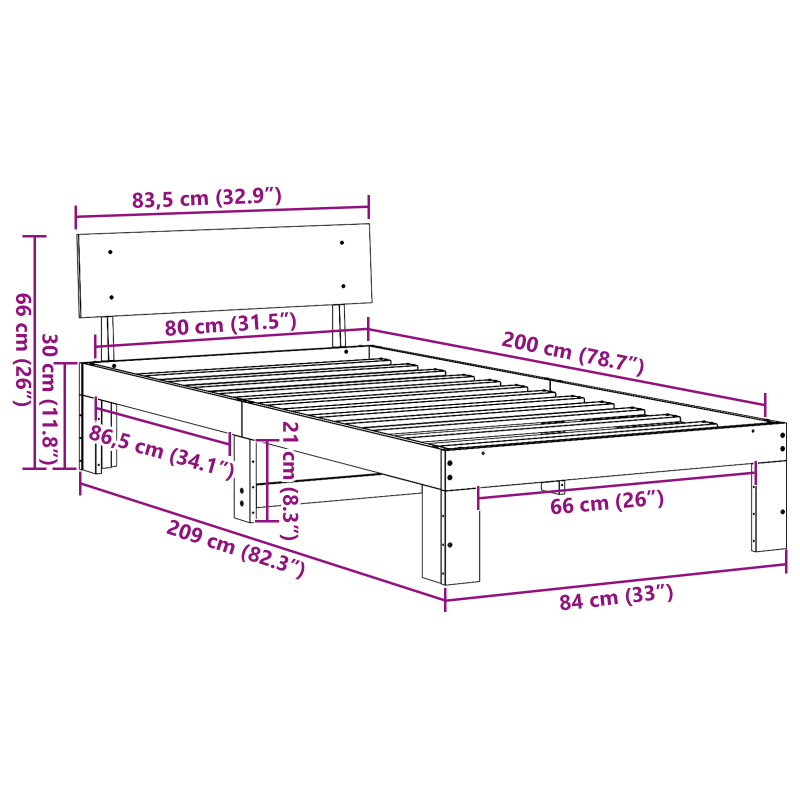 Bettgestell mit Kopfteil Wachsbrown 80x200 cm Massivholz Kiefer