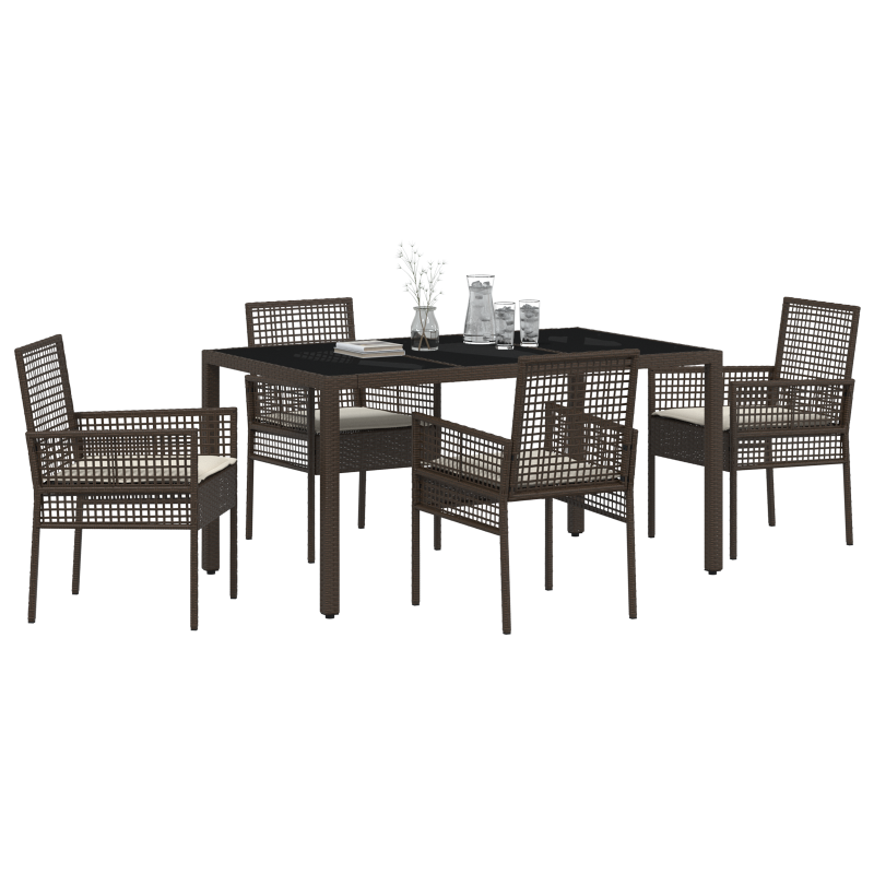 5-teiliges Garten-Ess-Set mit Kissen Braun Poly Rattan