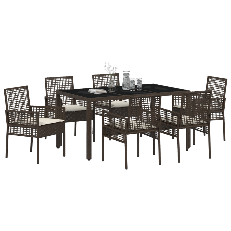 7-teiliges Garten-Dining-Set mit Kissen in Braunem Poly-Rattan