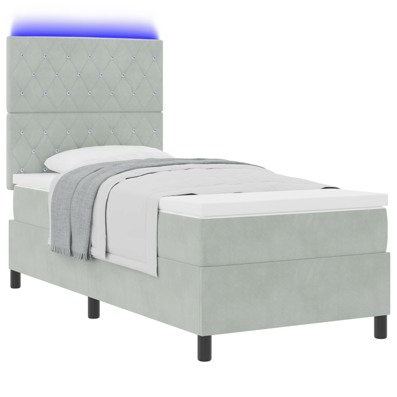 Boxspringbett mit Matratze & LED-Licht Hellgrau 100x200 cm Samt