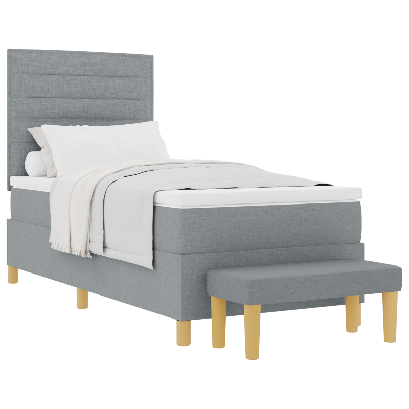 Boxspringbett mit Matratze & Bank in Hellgrau 100x200 cm aus Stoff