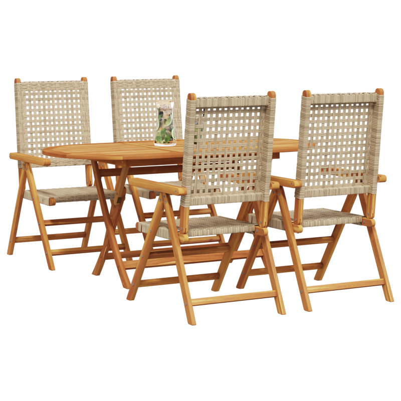 5-teiliges Gartentisch-Set in Beige aus massivem Akazienholz und Poly-Rattan