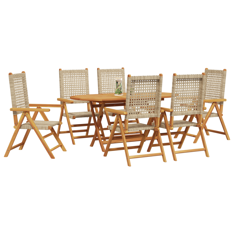 7-teiliges Garten-Ess-Set in Beige aus massivem Akazienholz und Poly-Rattan