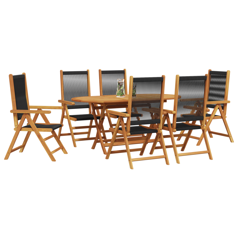 7-teiliges Essset für den Außenbereich - Schwarzes Akazienholz mit Poly-Rattan