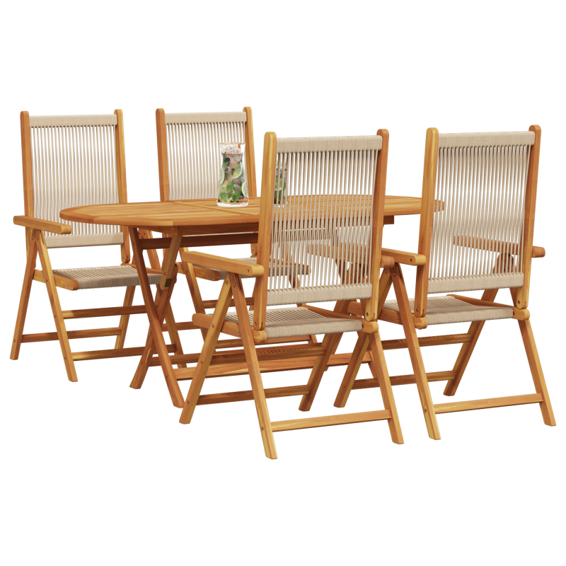 5-teiliges Garten-Esszimmer-Set in Beige aus massivem Akazienholz und Poly-Rattan