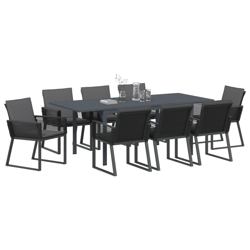 9-teiliges Garten-Essset mit Polstern Schwarz Poly Rattan, Erweiterbarer Gartentisch Anthrazit (140-210)x90x73 cm Stahl