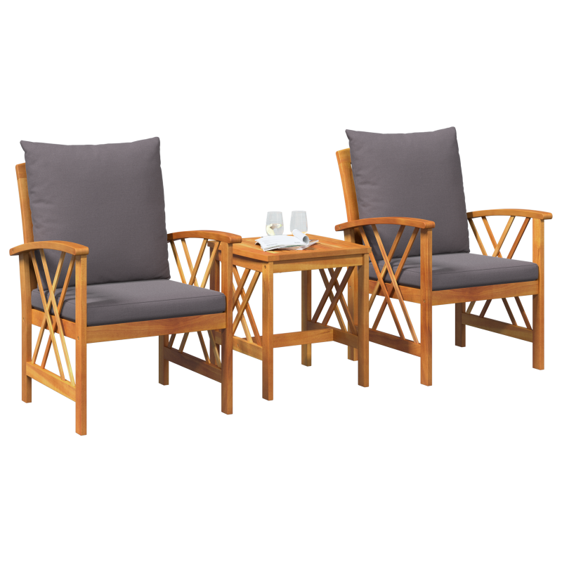 3-teiliges Garten-Lounge-Set mit Kissen aus solidem Akazienholz