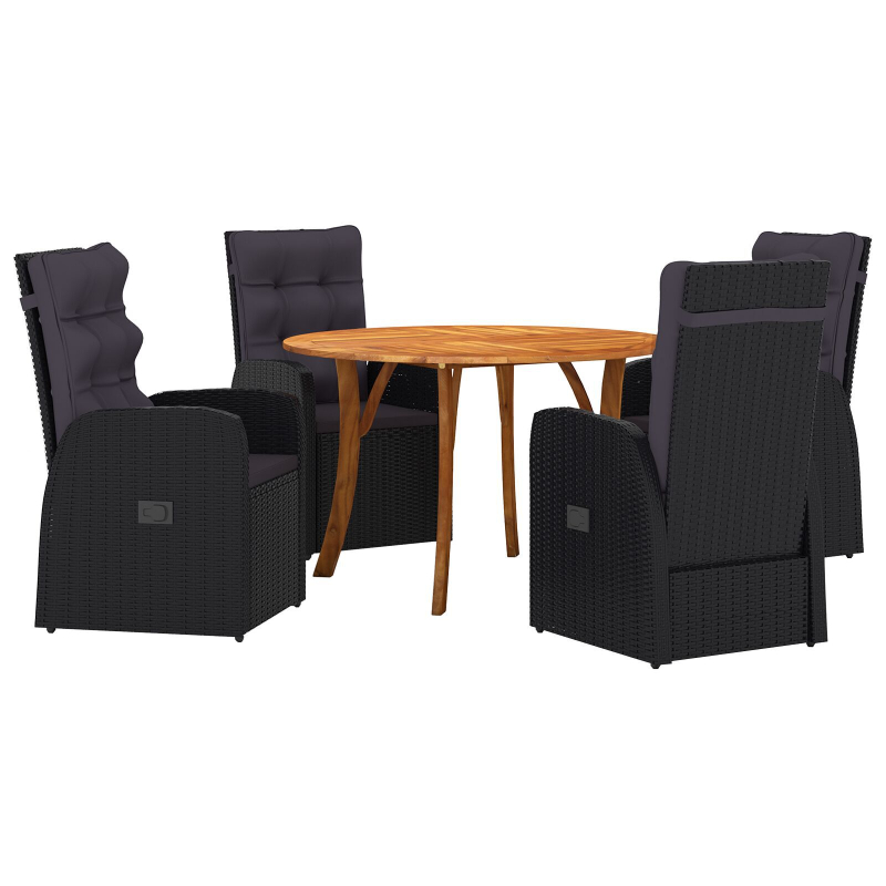 5-teiliges Garten-Essset mit Kissen Schwarz Poly Rattan Akazie