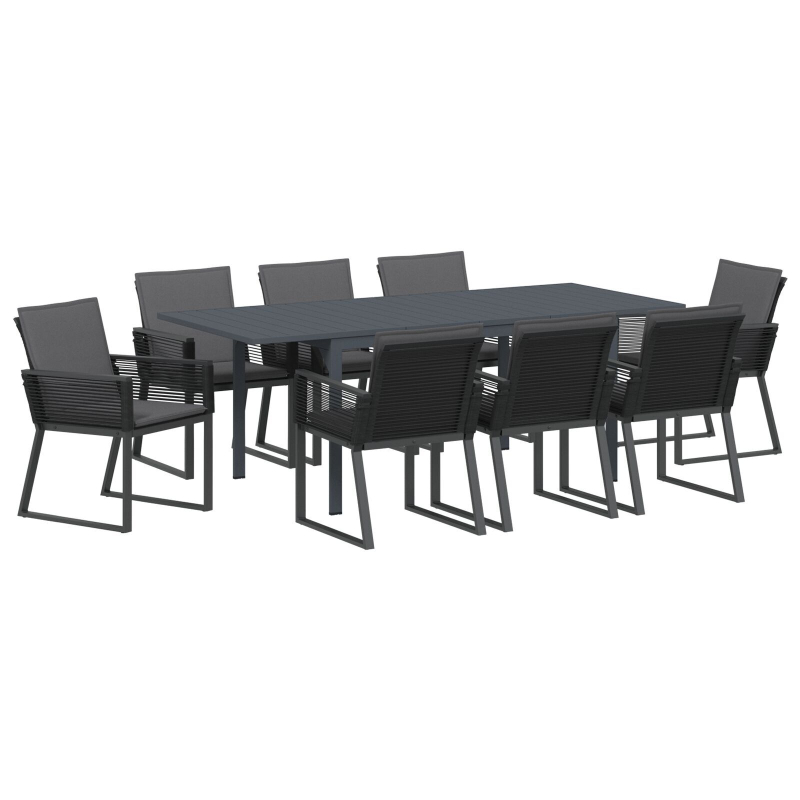 9-teiliges Garten-Essset mit Polstern Schwarz Poly Rattan, Erweiterbarer Gartentisch Anthrazit (140-210)x90x73 cm Stahl