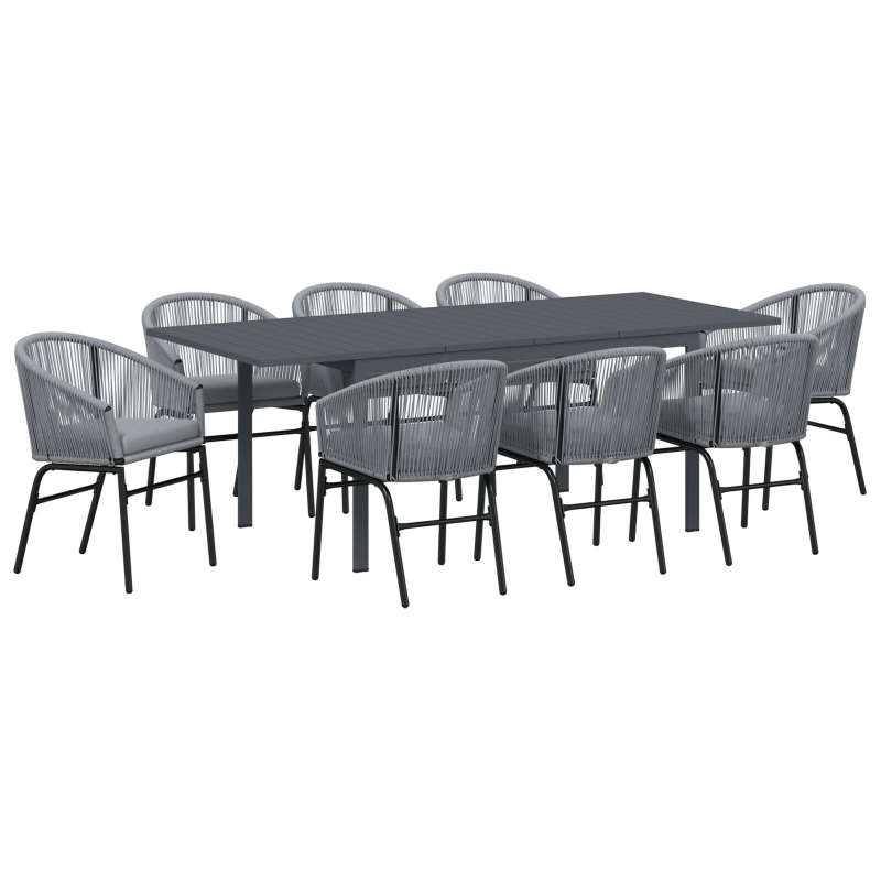 10-teiliges Garten-Esstisch-Set mit Kissen, graues Poly-Rattan, Ausziehbarer Gartentisch Anthrazit (140-210)x90x73 cm Stahl