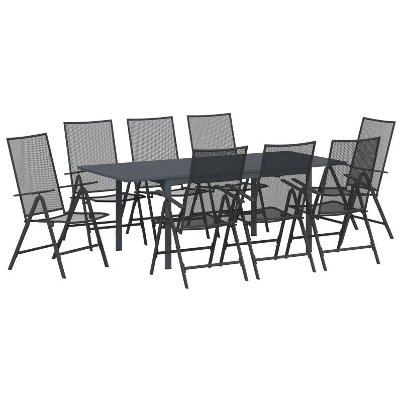 9-teiliges Flurmöbel Set in Anthrazitstahl, Ausziehbarer Gartentisch in Anthrazit (140-210)x90x73 cm aus Stahl
