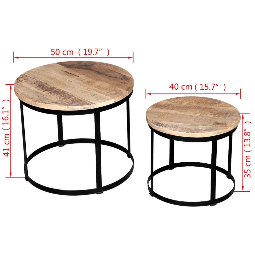 2-tlg. Couchtisch-Set Raues Mangoholz Rund 40cm/50cm