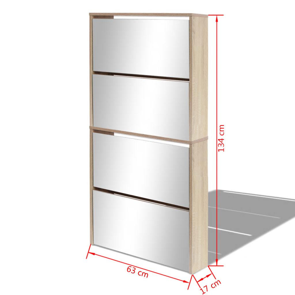 Schuhschrank mit 4 Fächern Spiegel Eiche 63×17×134 cm