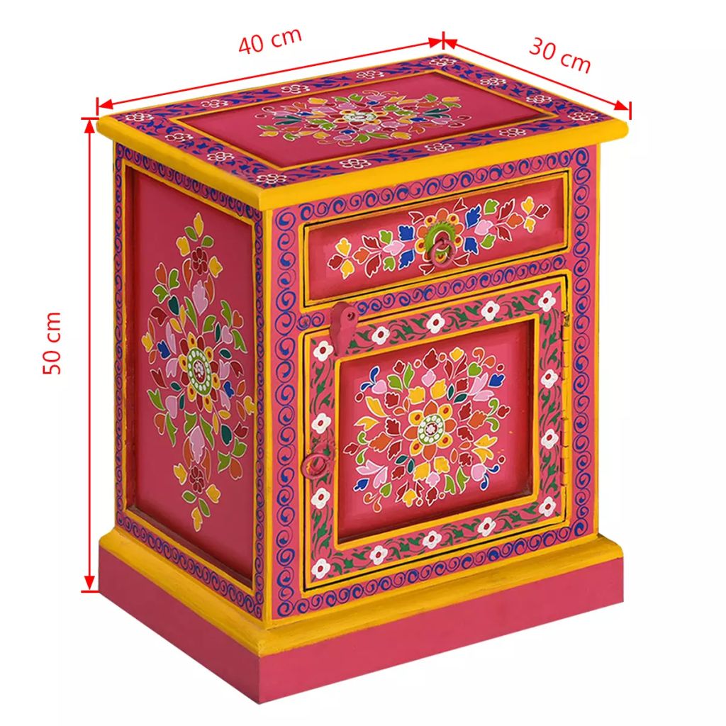 Nachttisch Mangoholz Massiv Rosa Handbemalt