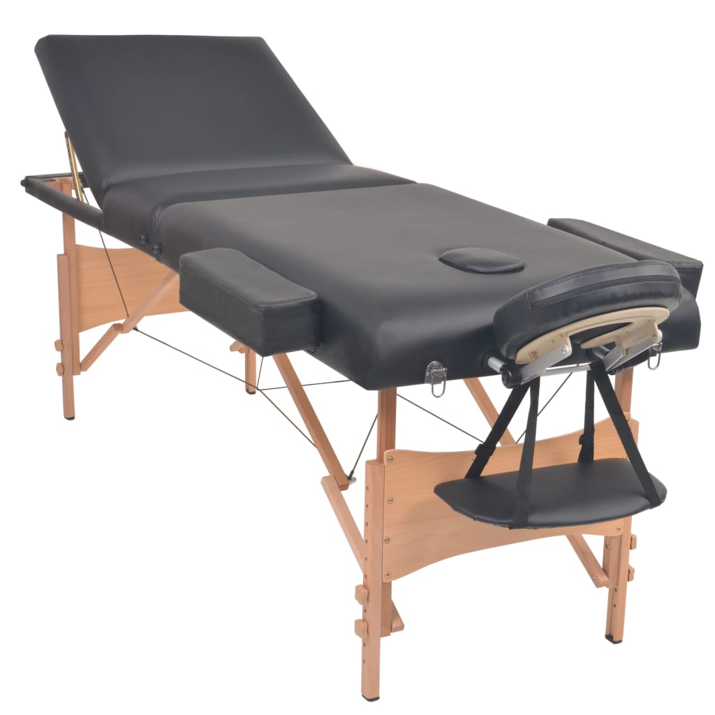 Massageliege 3 Zonen Klappbar mit Hocker 10 cm Polsterung Schwarz