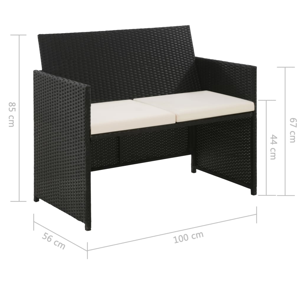 2-Sitzer-Gartensofa mit Polstern Schwarz Poly Rattan