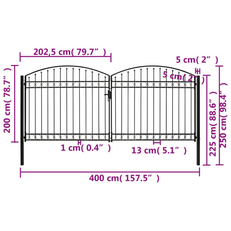 Zauntor Doppelflügel Gewölbte Spitze Stahl 400 x 200 cm Schwarz