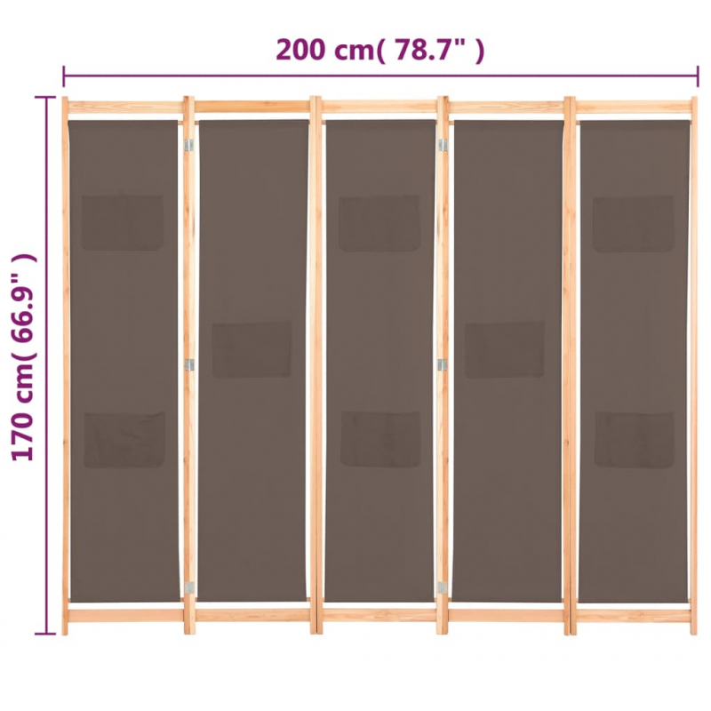 5-teiliger Raumteiler Braun 200 x 170 x 4 cm Stoff