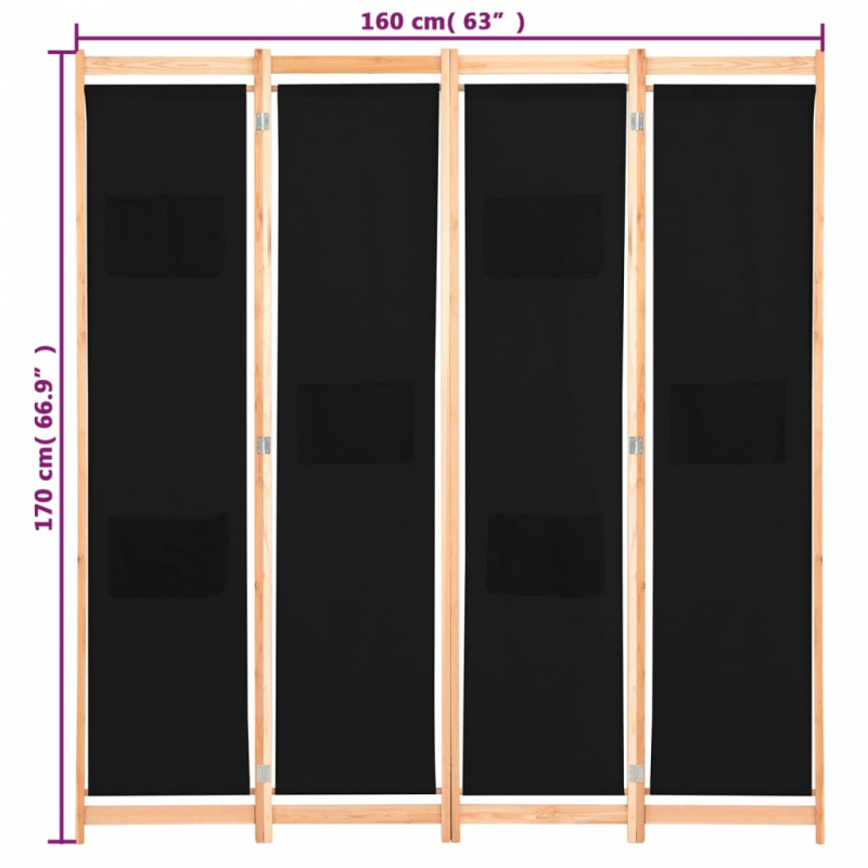 4-teiliger Raumteiler Schwarz 160 x 170 x 4 cm Stoff