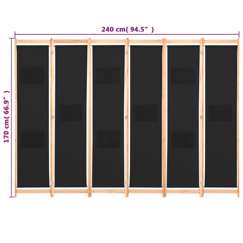 6-teiliger Raumteiler Schwarz 240 x 170 x 4 cm Stoff