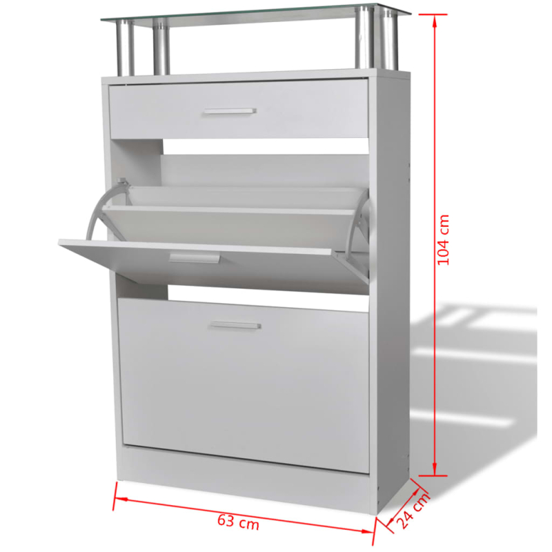 Schuhschrank mit Schubfach und oberem Glasregal Holz Weiß