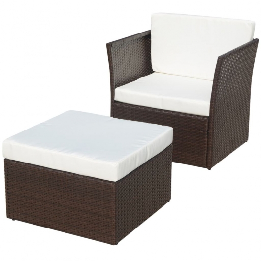 Gartensessel mit Fußhocker Poly Rattan Braun