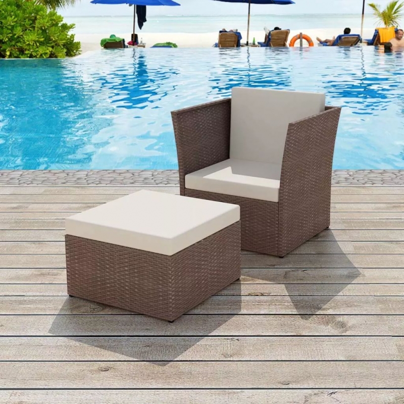 Gartensessel mit Fußhocker Poly Rattan Braun