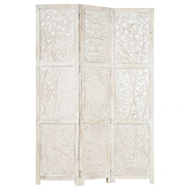 3tlg. Raumteiler Handgeschnitzt Weiß 120×165cm Mango Massivholz