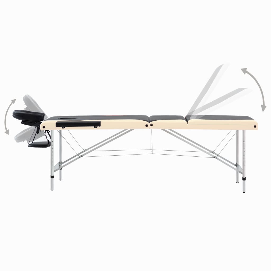 Massagetisch Klappbar 3 Zonen Aluminium Schwarz und Beige