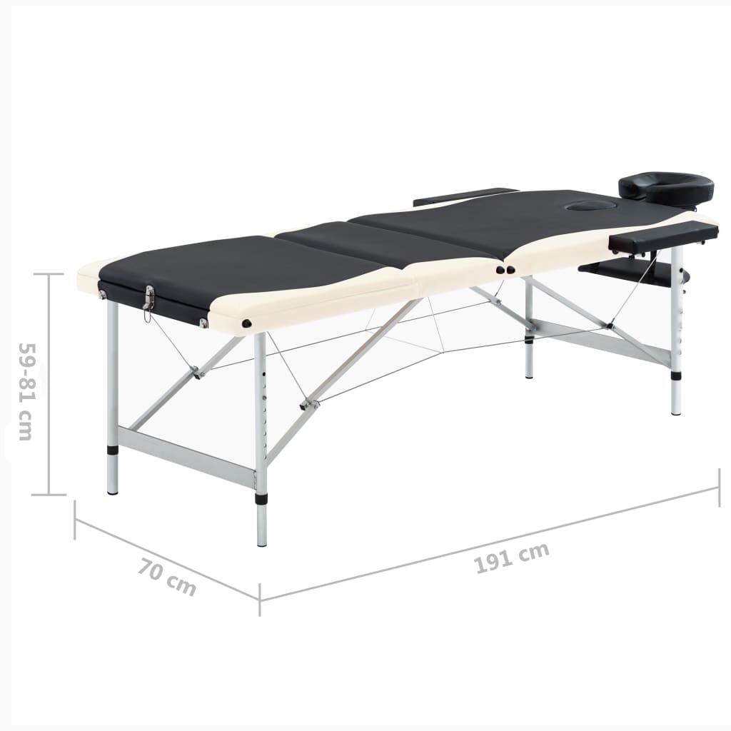 Massagetisch Klappbar 3 Zonen Aluminium Schwarz und Beige