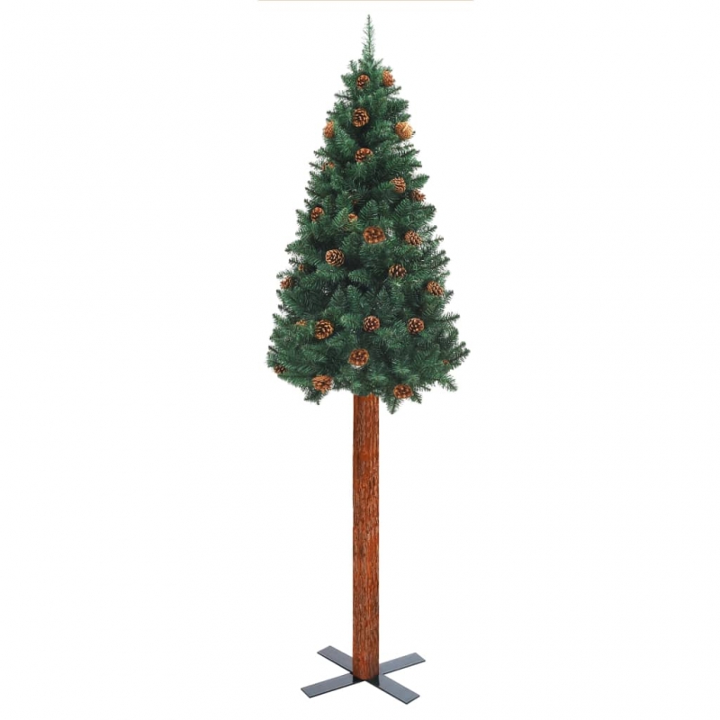 Weihnachtsbaum Schlank mit Echtholz und Zapfen Grün 180 cm PVC