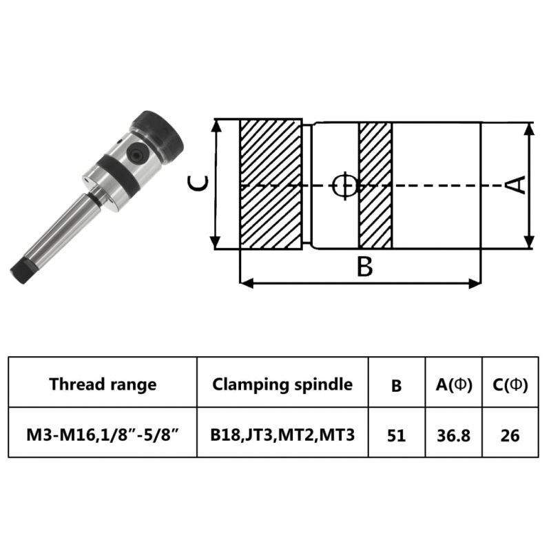 Bohrfutter B18 mit MT3-Schaft für Innengewinde M3-M16