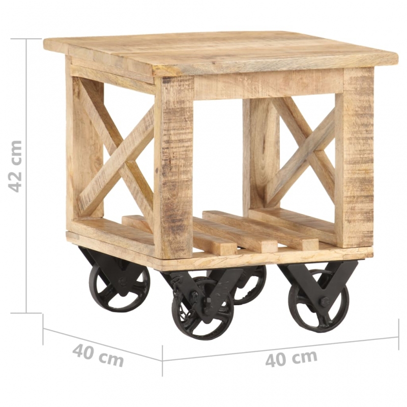 Beistelltisch mit Rädern 40x40x42 cm Raues Mangoholz