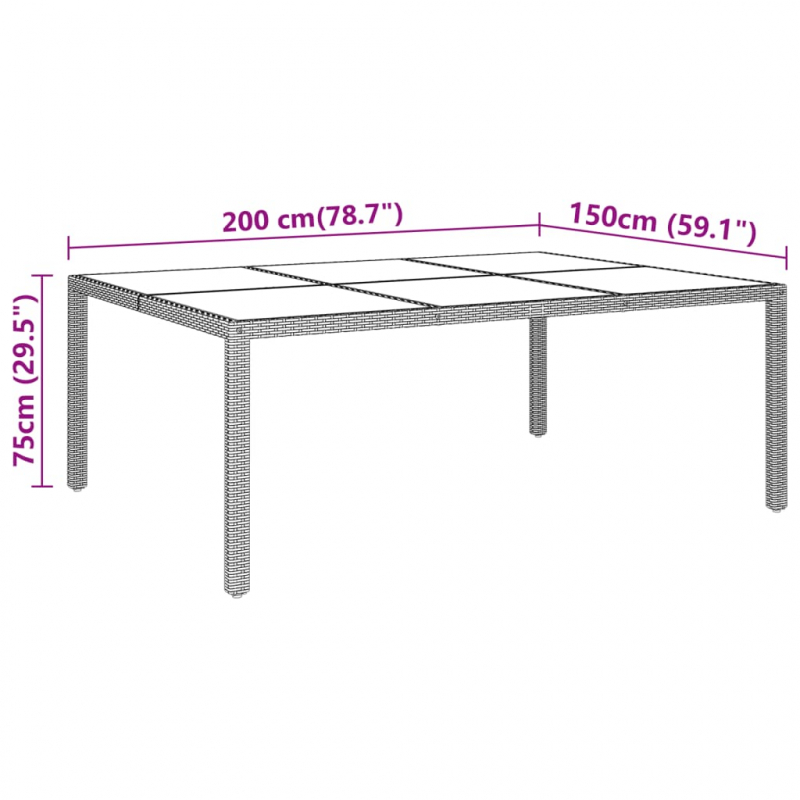 Gartentisch mit Glasplatte Braun 200x150x75 cm Rattan