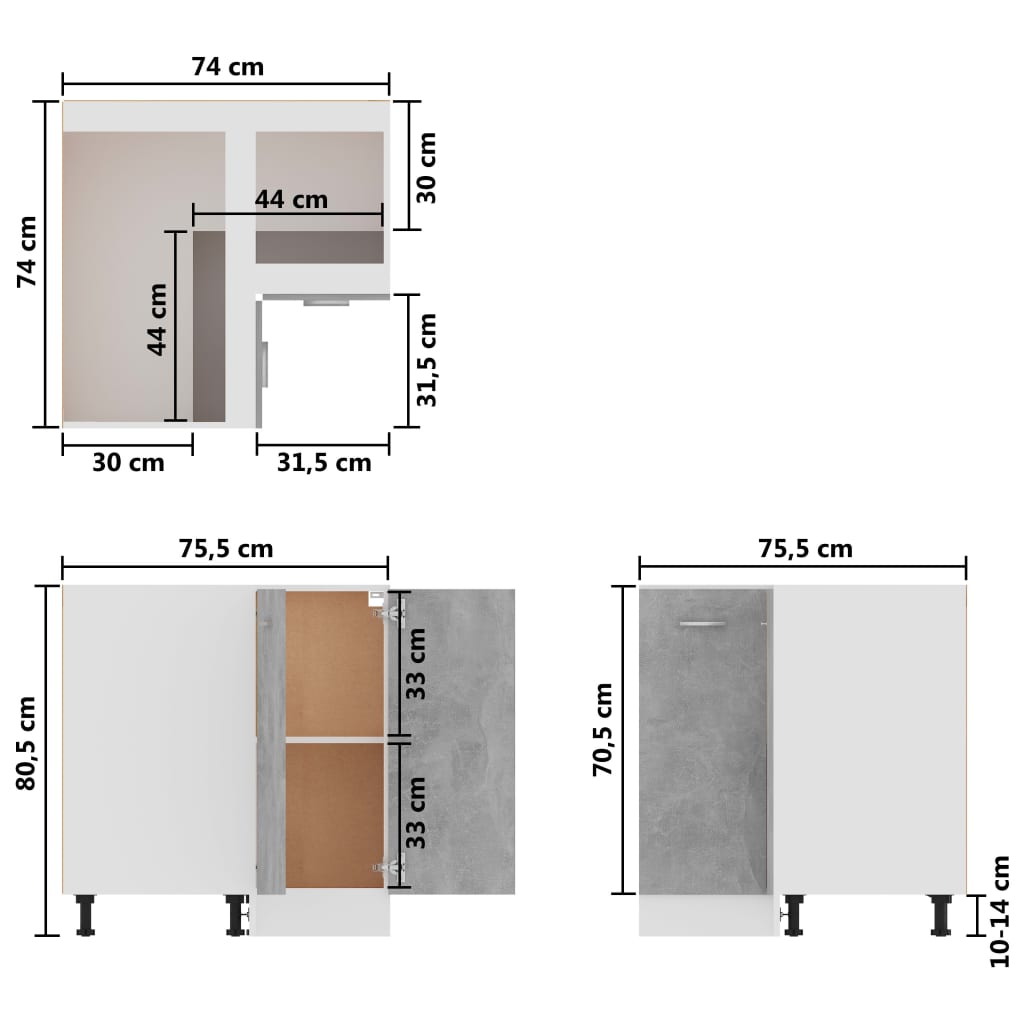 Eckunterschrank Betongrau 75,5x75,5x80,5 cm Holzwerkstoff