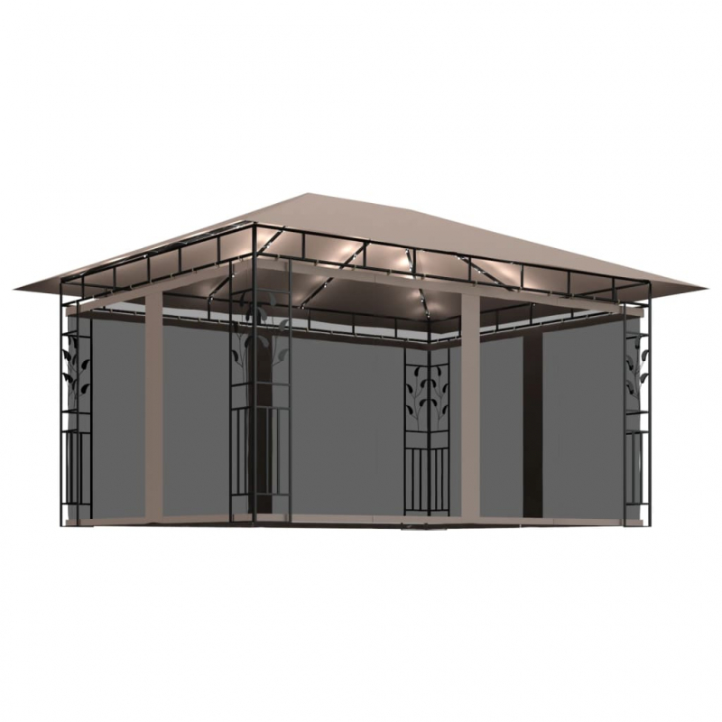 Pavillon mit Moskitonetz & LED-Lichterkette 4x3x2,73 m Taupe