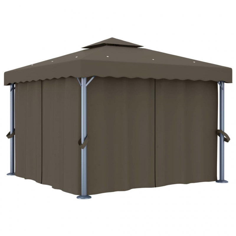 Pavillon mit Vorhängen & LED-Lichterkette 3x3 m Taupe