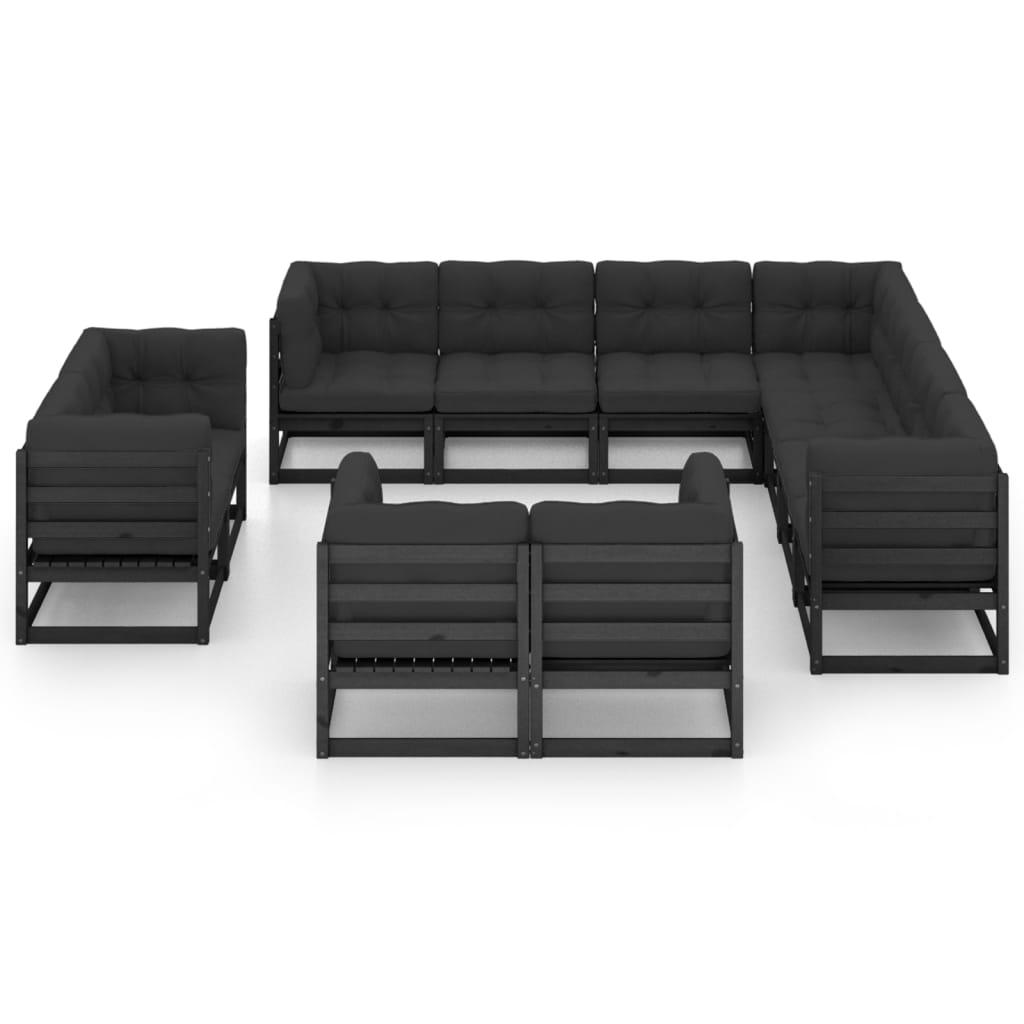 11-tlg. Garten-Lounge-Set mit Kissen Schwarz Kiefer Massivholz