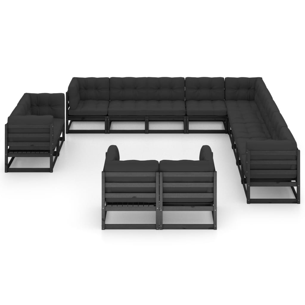 13-tlg. Garten-Lounge-Set mit Kissen Schwarz Massivholz Kiefer