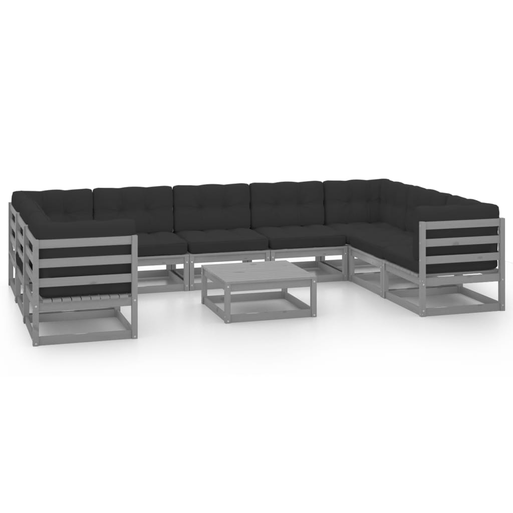 10-tlg. Garten-Lounge-Set mit Kissen Grau Massivholz Kiefer