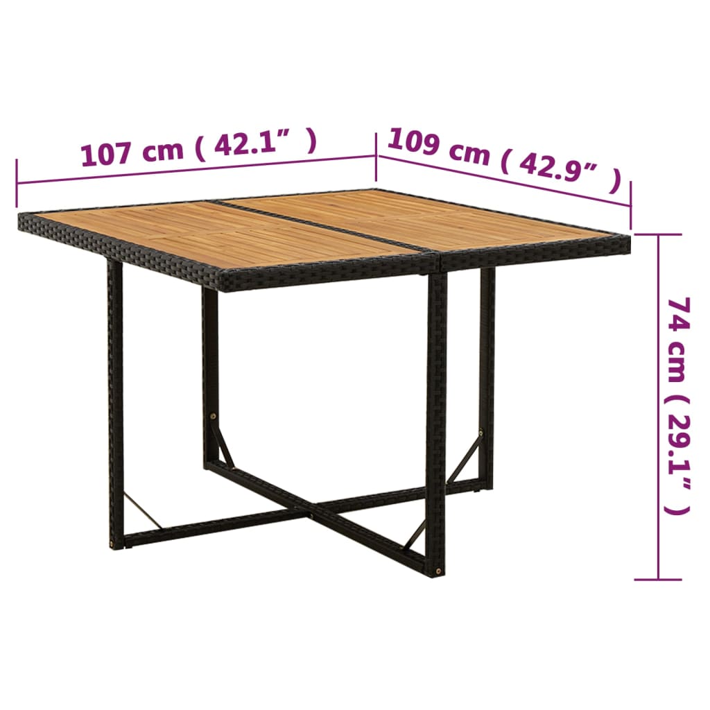 Gartentisch Schwarz 109x107x74cm Poly Rattan Massivholz Akazie