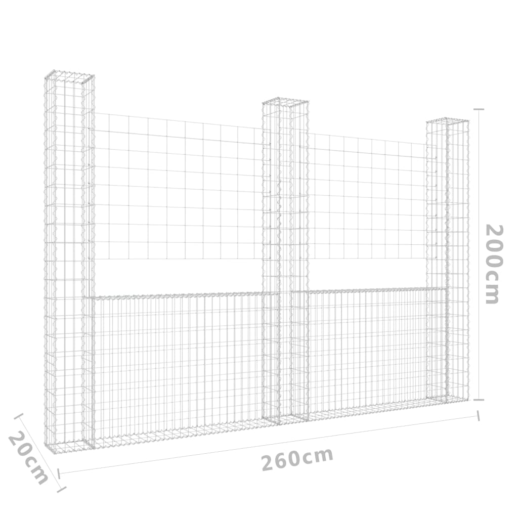 Gabionenkorb U-Form mit 3 Säulen Eisen 260x20x200 cm