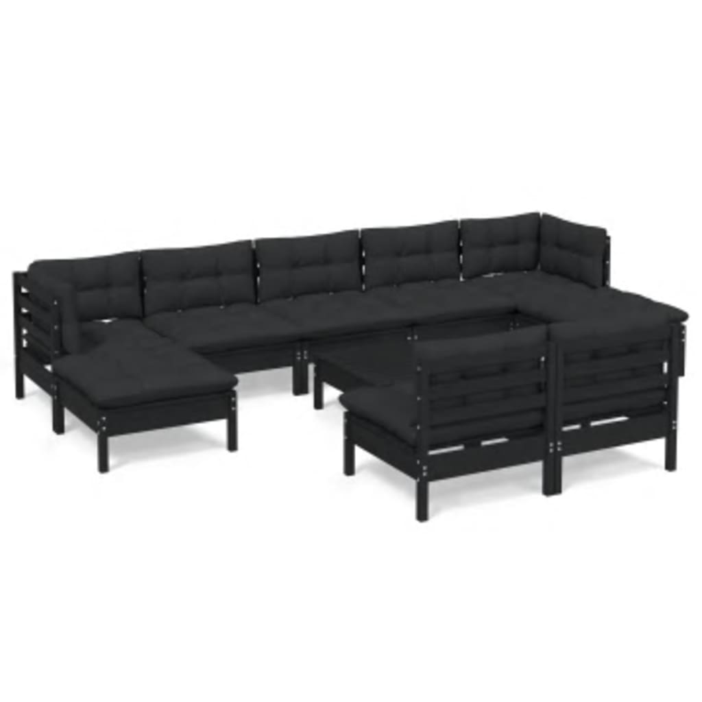 10-tlg. Garten-Lounge-Set mit Kissen Schwarz Kiefernholz