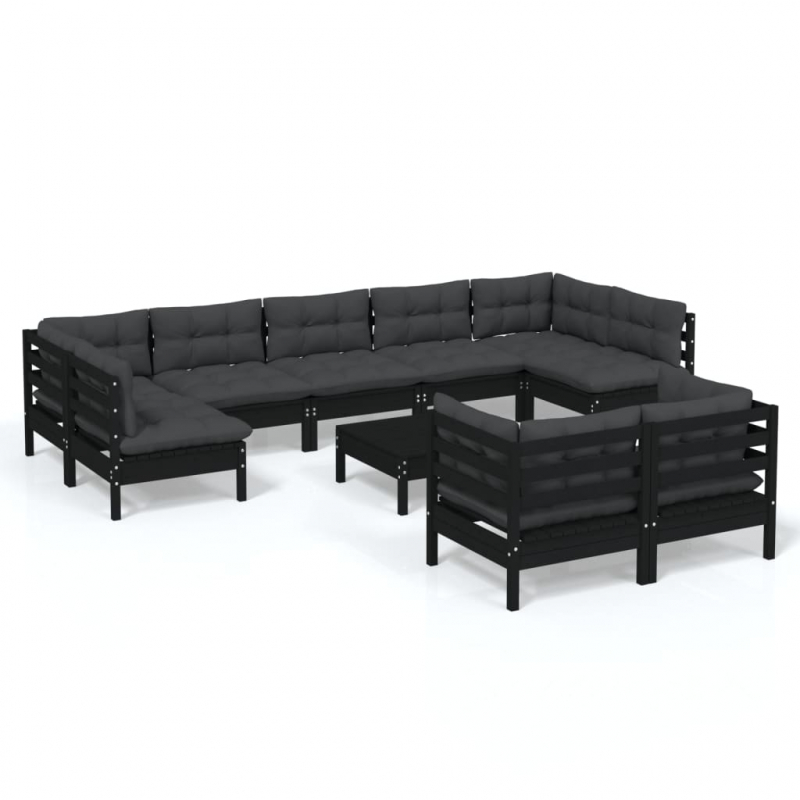 10-tlg. Garten-Lounge-Set mit Kissen Schwarz Massivholz Kiefer