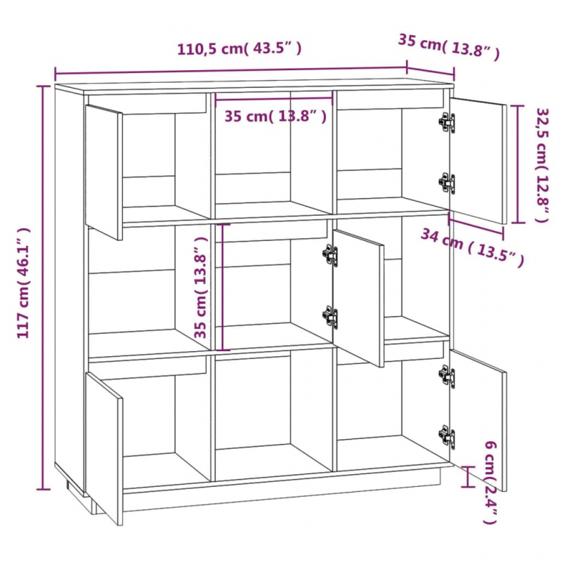 Highboard 110,5x35x117 cm Massivholz Kiefer