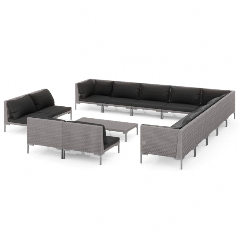 14-tlg. Garten-Lounge-Set mit Auflagen Poly Rattan Dunkelgrau